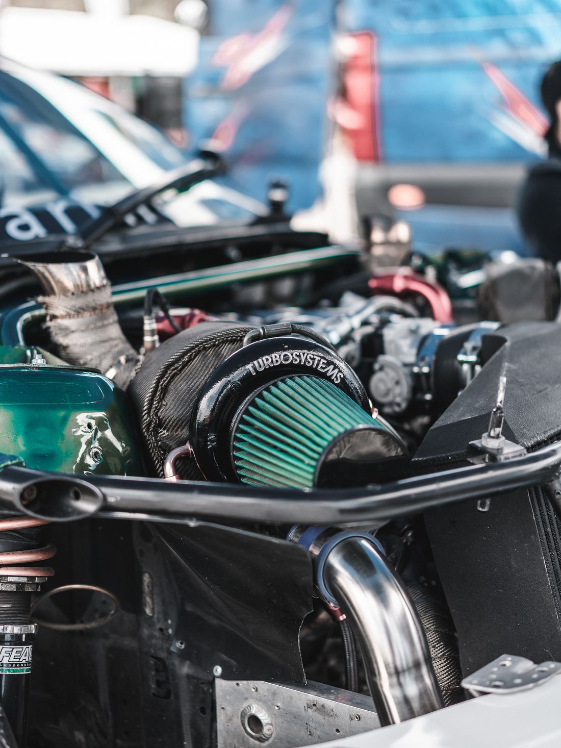 Performance cold-air intake filter in an engine bay